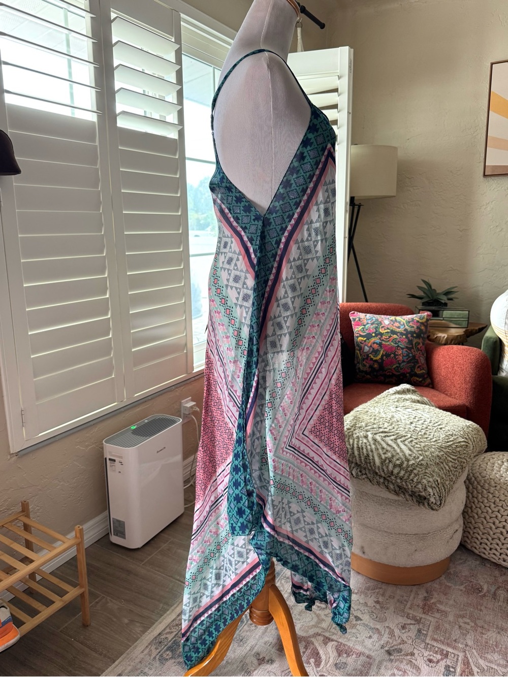 F21 Sheer Boho V-Neck Pink & Teal Maxi Cover Up/Dress - Picture 4 of 5